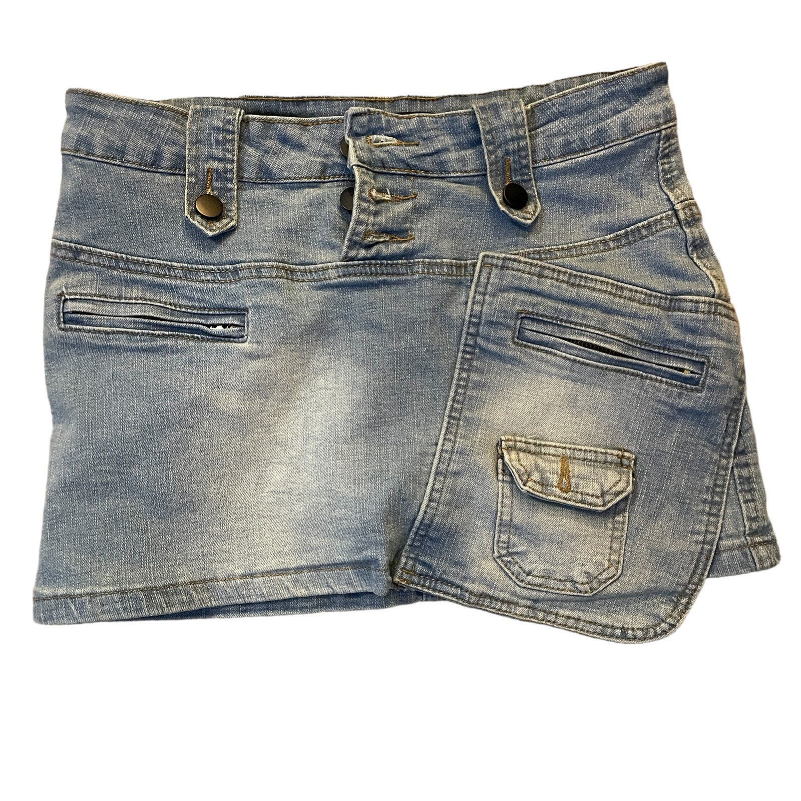 Denim Skort button front pockets belt loops distressed stretch edgy Size 4