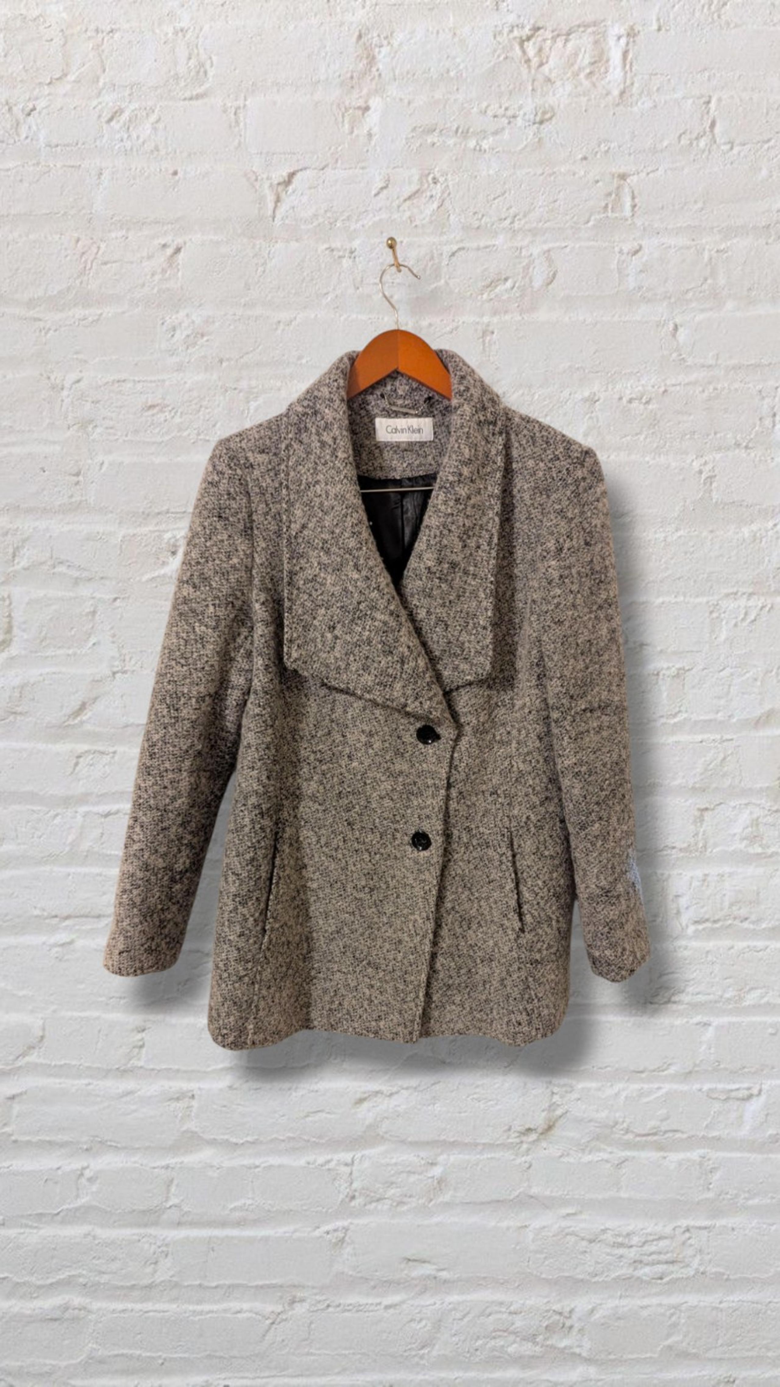 Calvin Klein | Women’s Black/White Wool Blend Button Up Pea Coat- Size 12