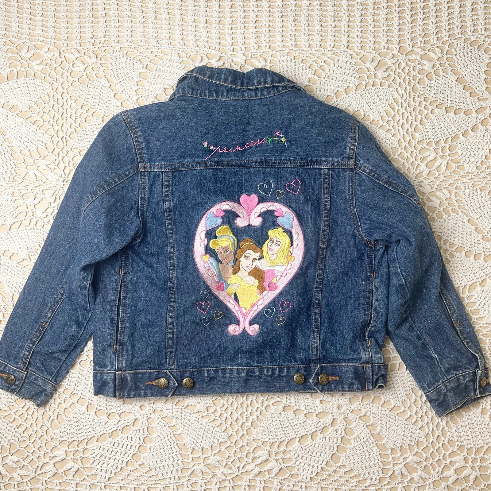 Vintage Y2K Disney Girls Small 7-8 Years Princess Embroidered Denim Jacket