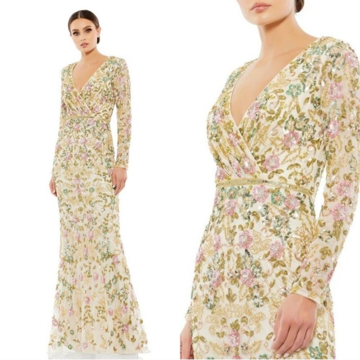 Mac Duggal size 16 Floral Sequin Longsleeve Column Gown 5503 Green Gold