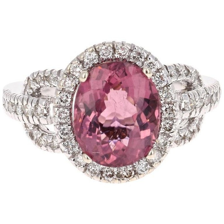 5.20Ct Natural Oval Pink Topaz & Diamond Halo Solitaire Ring 14k White Gold