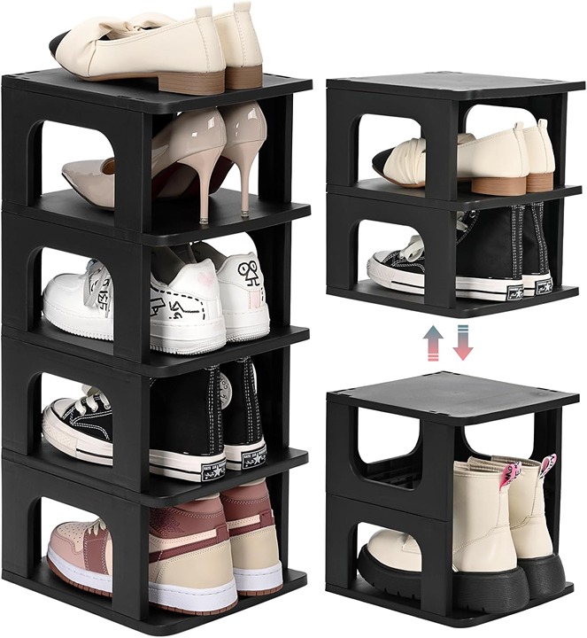 Small Shoe Rack Vertical Narrow Stackable Organizer 5-Tier Black