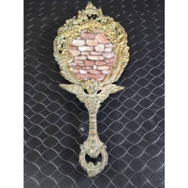 Antique Victorian Footed Brass Cherub Hand Mirror