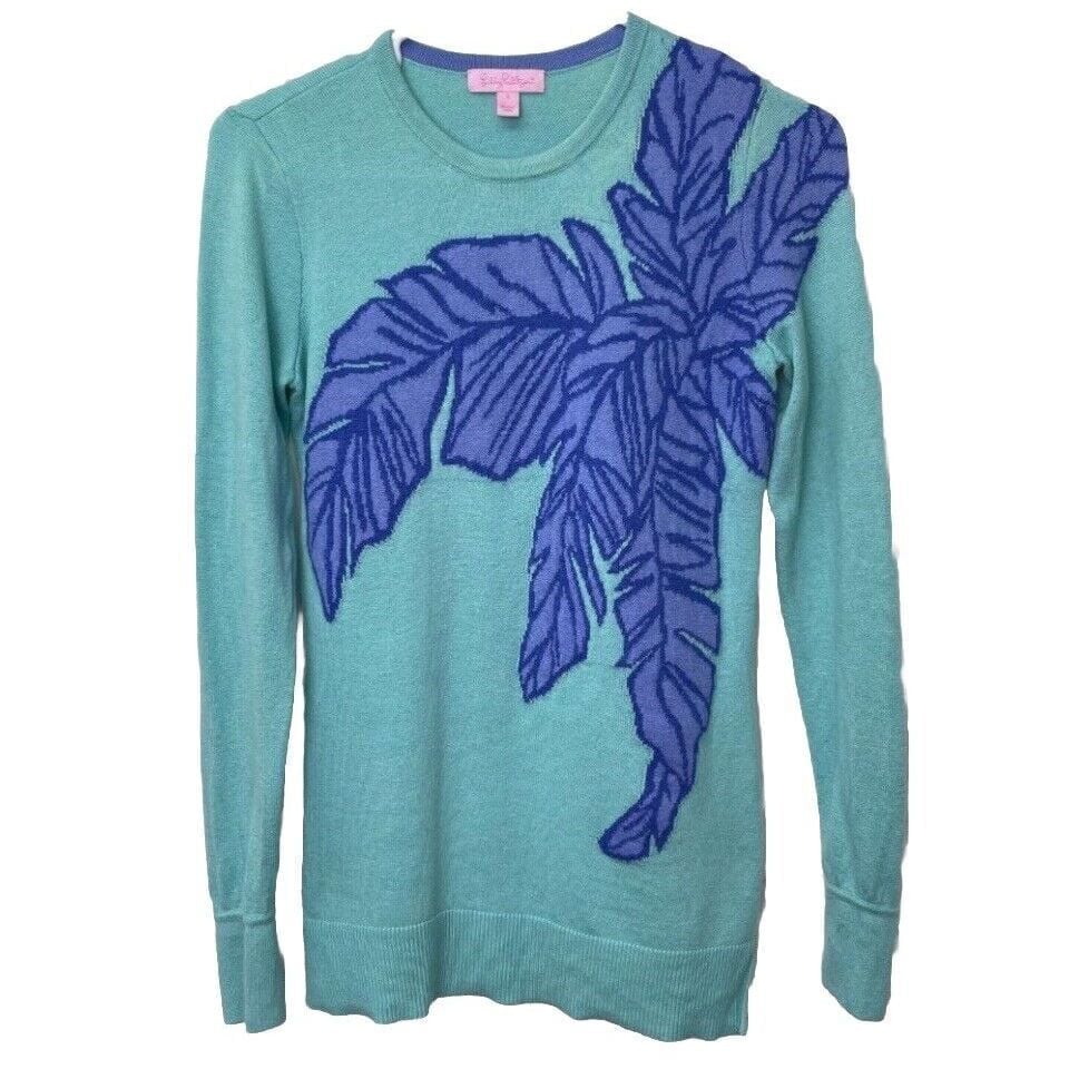 Lilly Pulitzer Charter Sweater Crystal Water Palm Leaves Intarsia Teal Small
