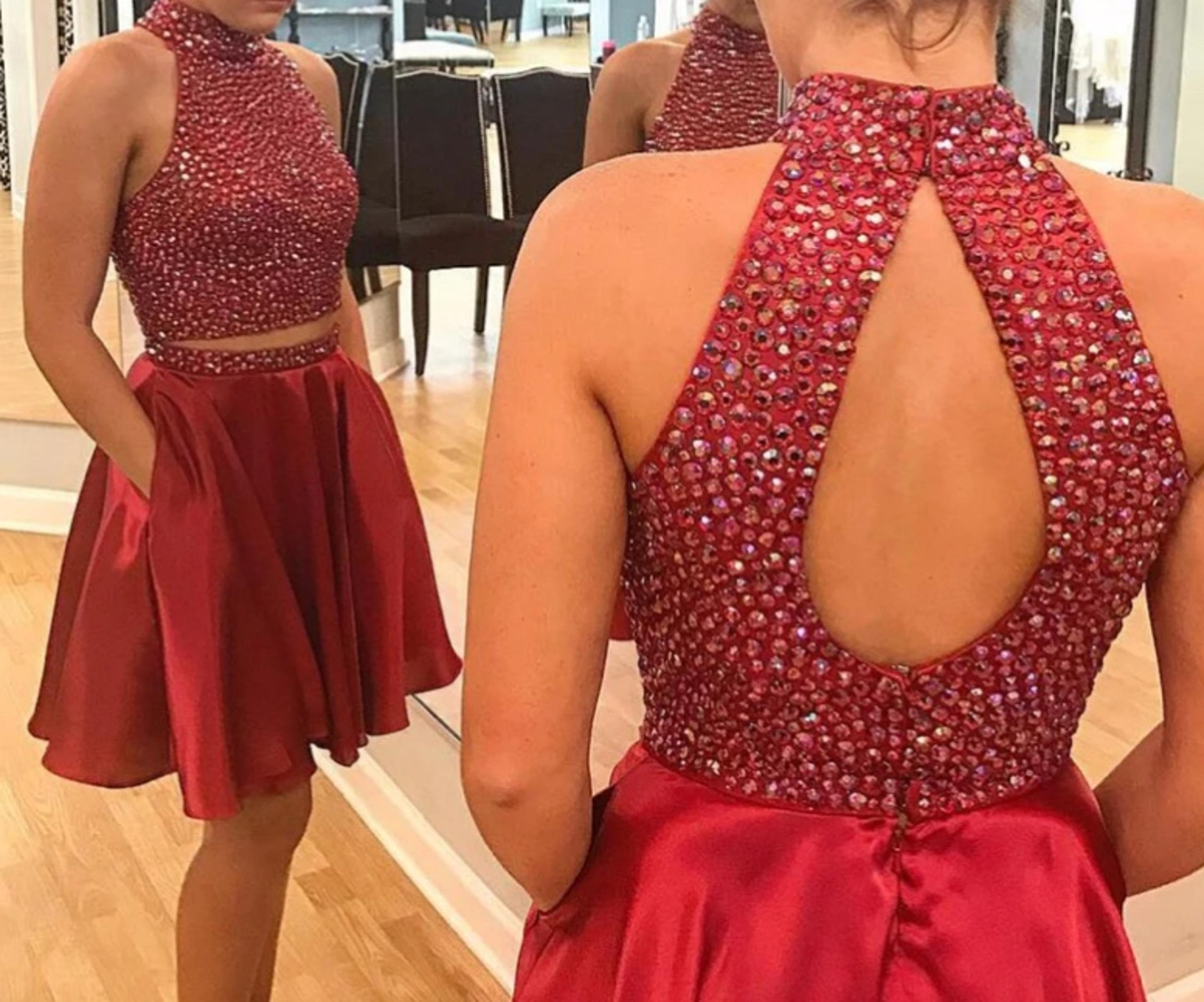 Sexy Two Piece Short Rhinestone Cute Red size 8