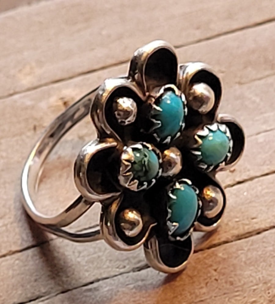 Vintage Navajo Turquoise 4 Stone Raindrops 925 Flower Ring, 4.5 (Pinky Ring) HTF