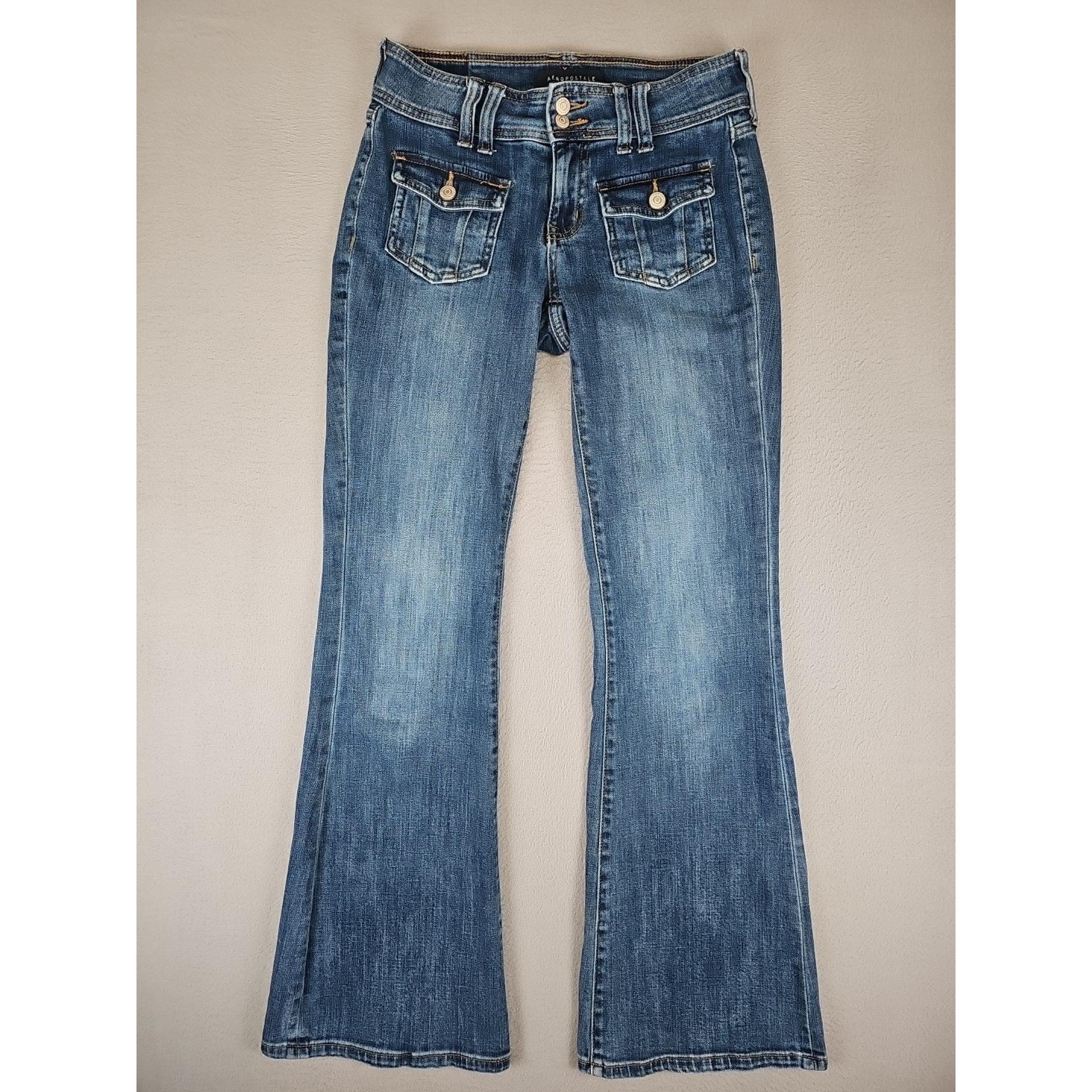 Aeropostale Jeans Women's 0 26x30.5 Low Rise Flare Stretch Flap Pockets BOHO