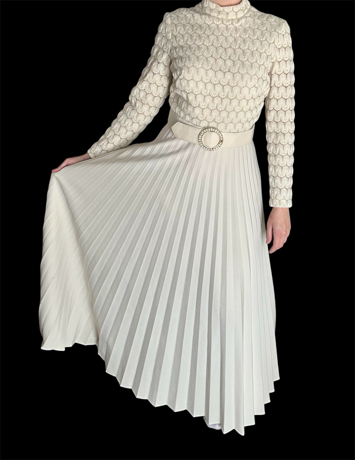 Vintage 1970s Crochet Knitted Pleated Maxi Dress With Belt George Gerring Miami