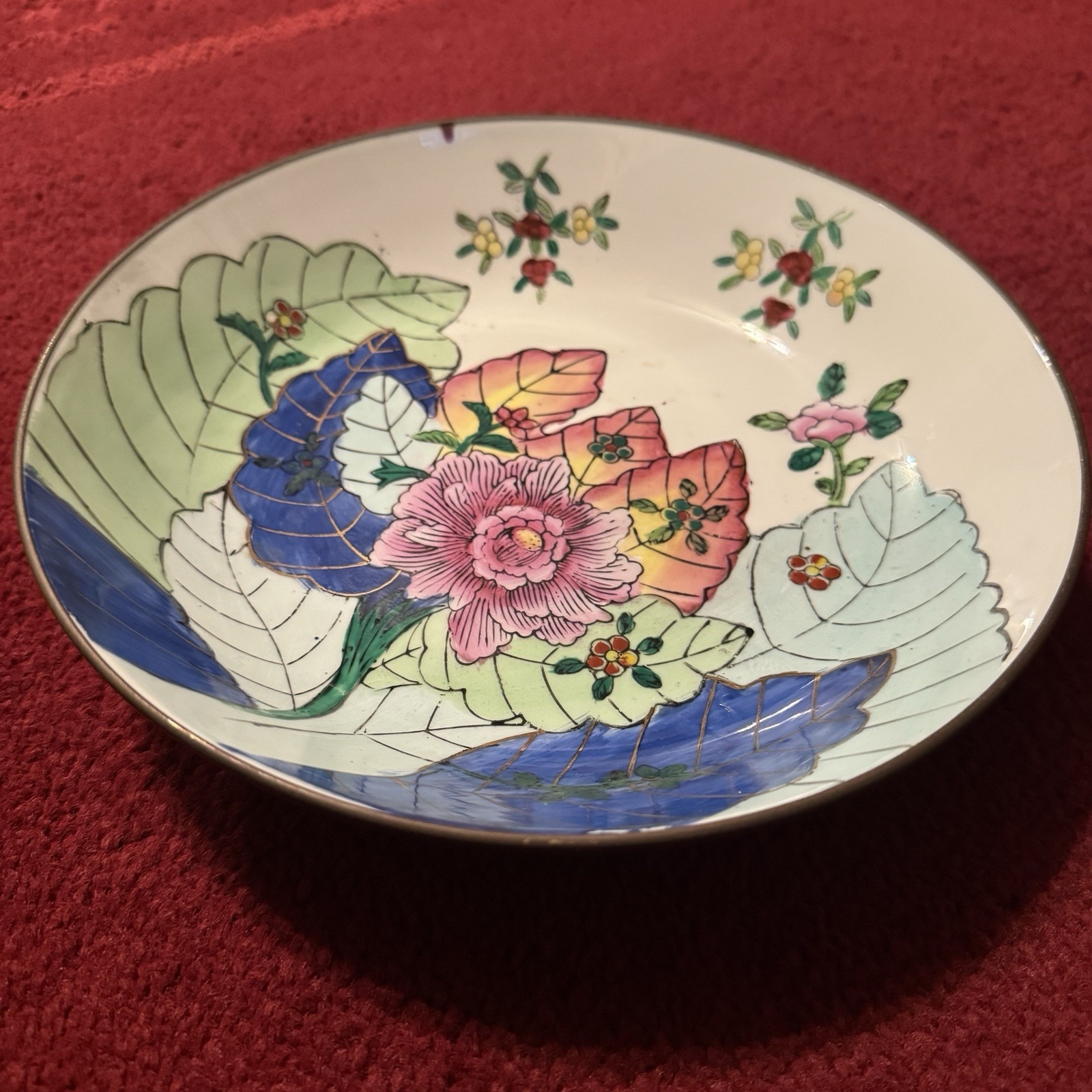 Vintage Brass Enamel Tobacco Leaf Flower Bowl Made in China Decor CD1
