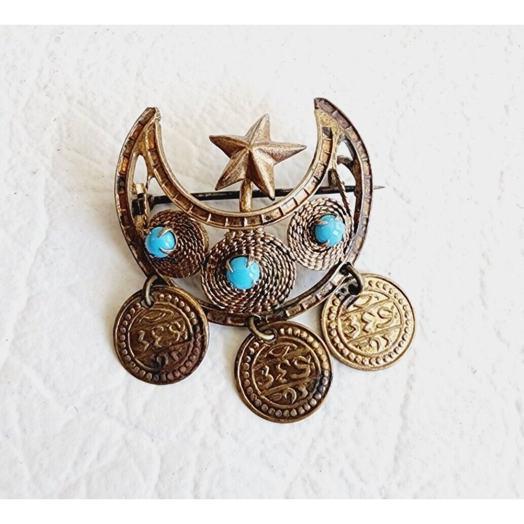 Antique Victorian Turquoise Crescent Moon Star Brooch T-Bar & C-clasp Gold Tone