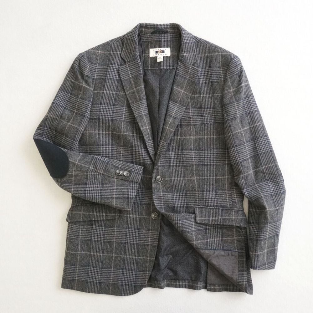 Joseph Abboud Mens Sport Coat Jacket Gray Blue Plaid Linen Wool Polyester Medium