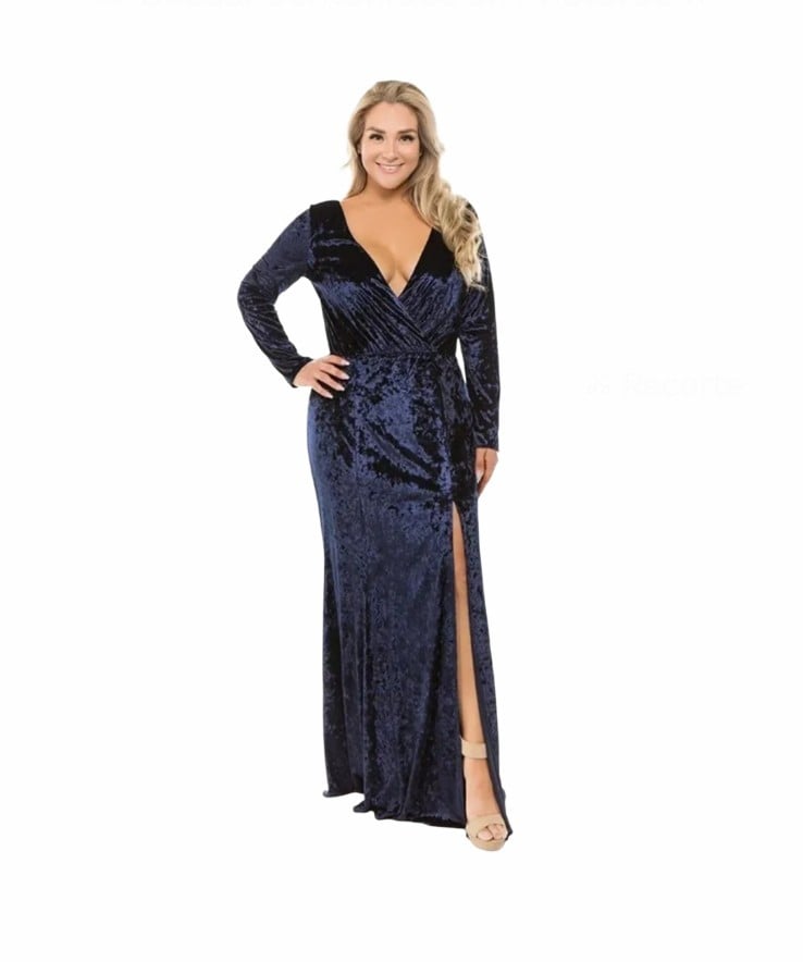 Maniju Velvet Women's V neckline Maxi Dress Blue Navy Size M