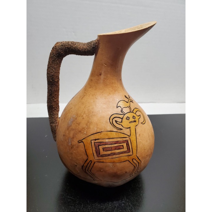 Hand Carved Wood Pitcher - Signed on bottom - Animals and sun shown