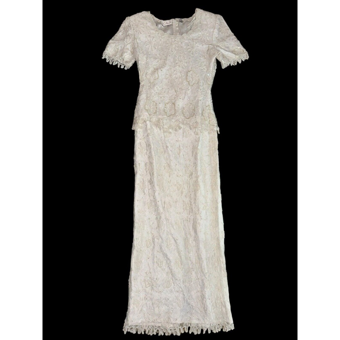 Vintage Scala White/Ivory Beaded Silk Formal Wedding Dress Small Long Sheath
