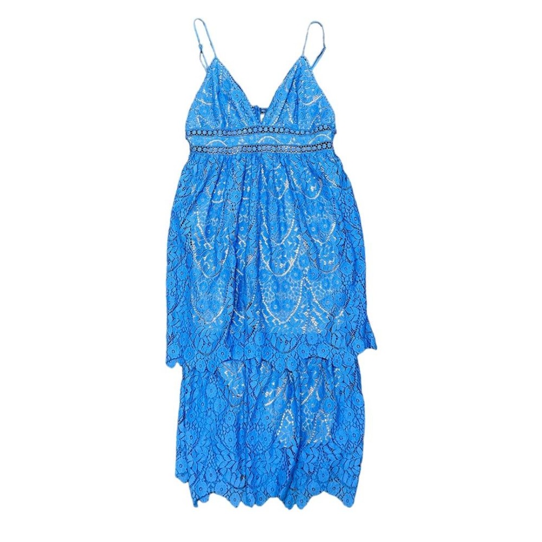 Saylor Safia Lace Sleeveless Adjustable Straps Tiered Midi Dress Blue Large L