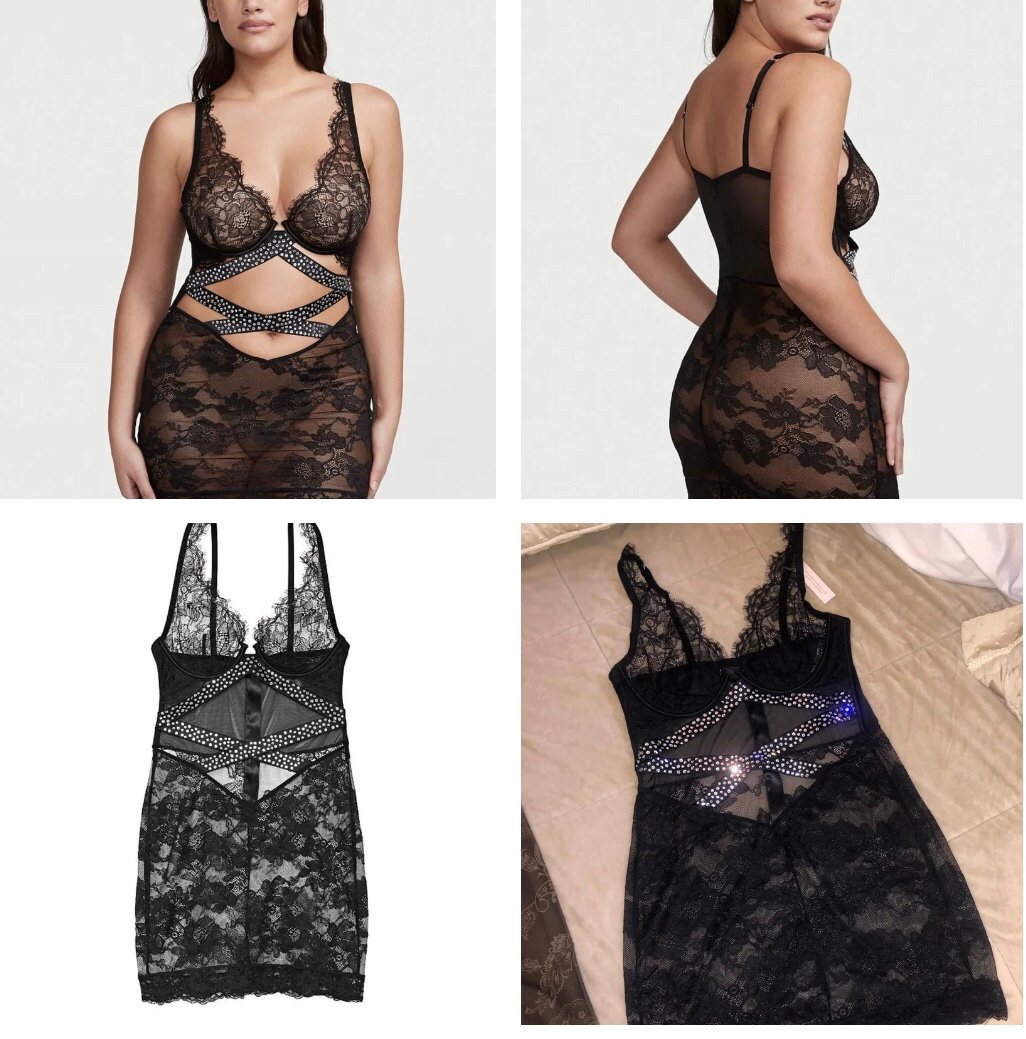Victoria’s Secret Luxe Holiday Crystal Strap Cut Out Lace Slip-XL NWT 119