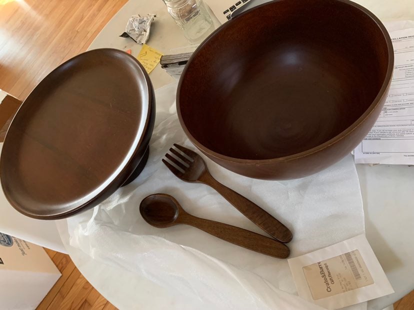 Crate and barrel large bowl, pedestal and serving fork and spoon