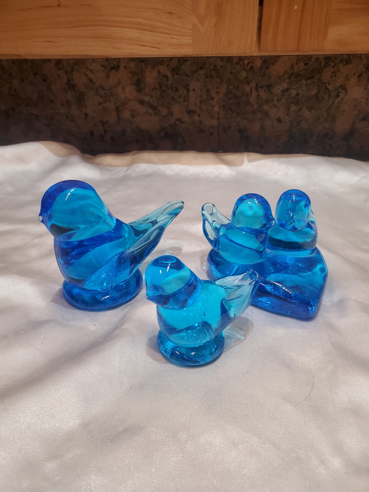 Vintage blue bird trio signed blue birds of happiness lot of 4 manganese glass