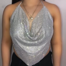 Silver rhinestone backless halter top
