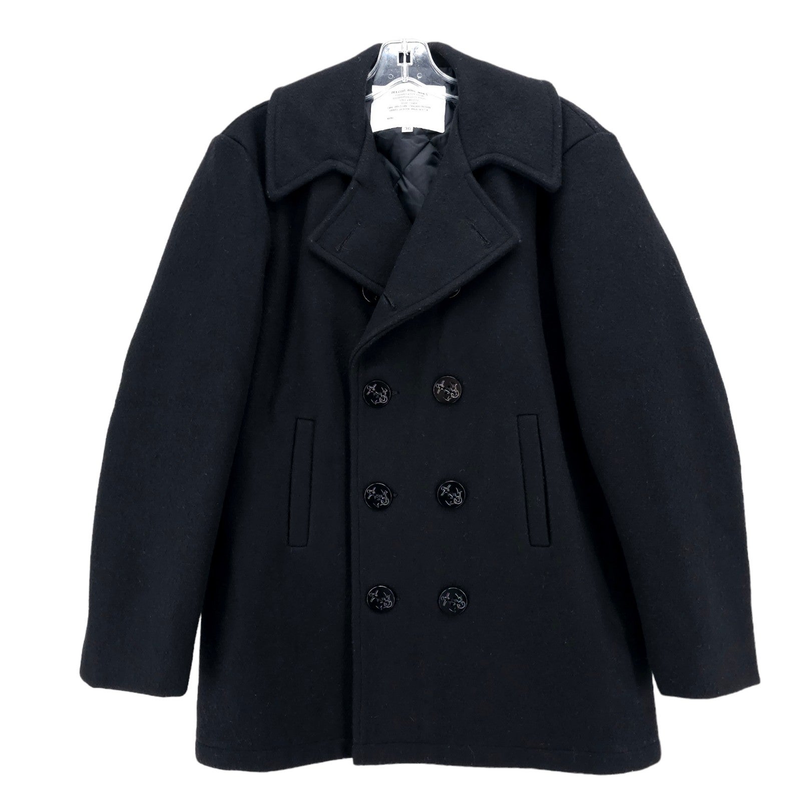 Wool Pea Coat Black Army Navy Made in USA Size 36