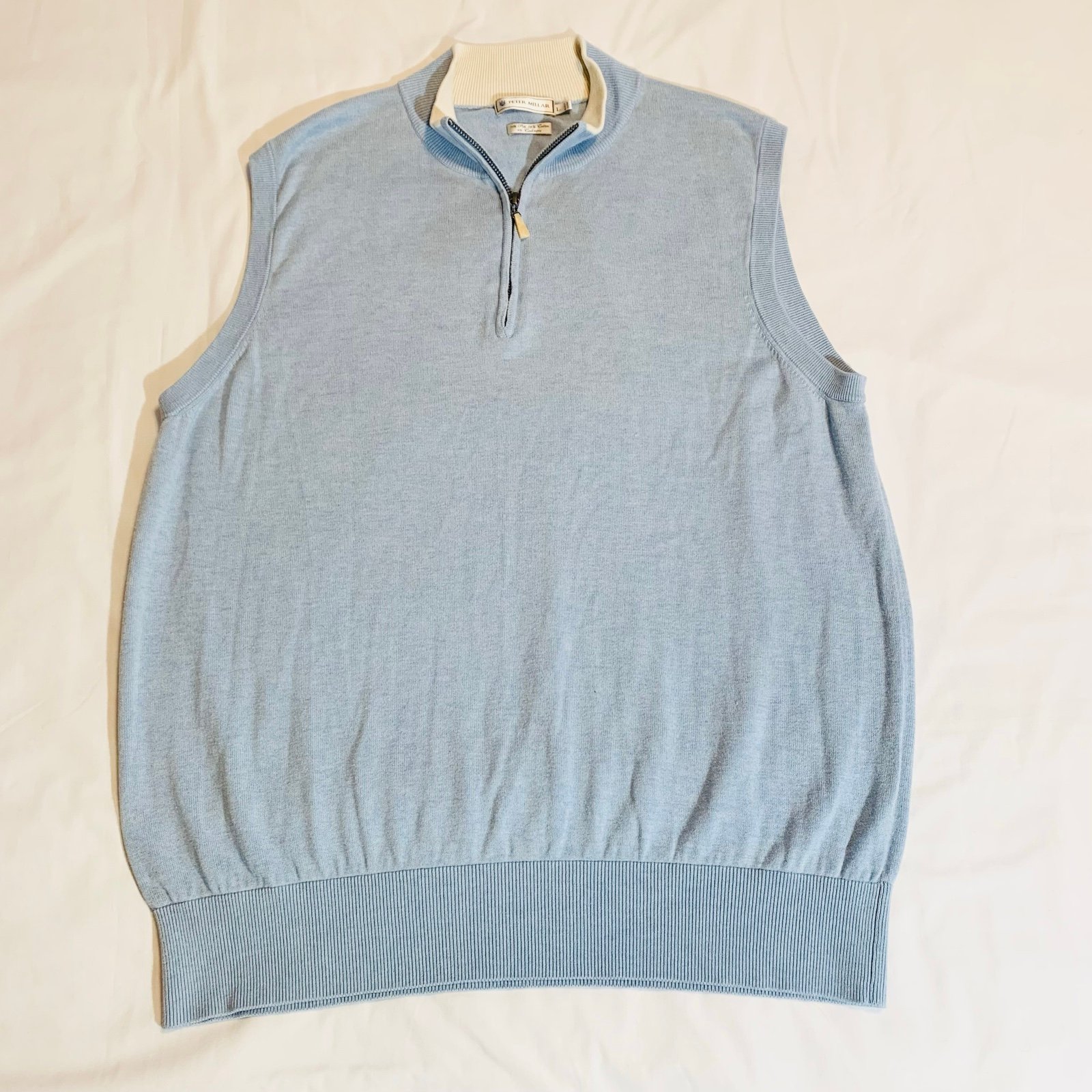 Peter Millar Sweater Vest Men's Lg Blue 1/4 Zip Silk Cotton Cashmere Blend Golf
