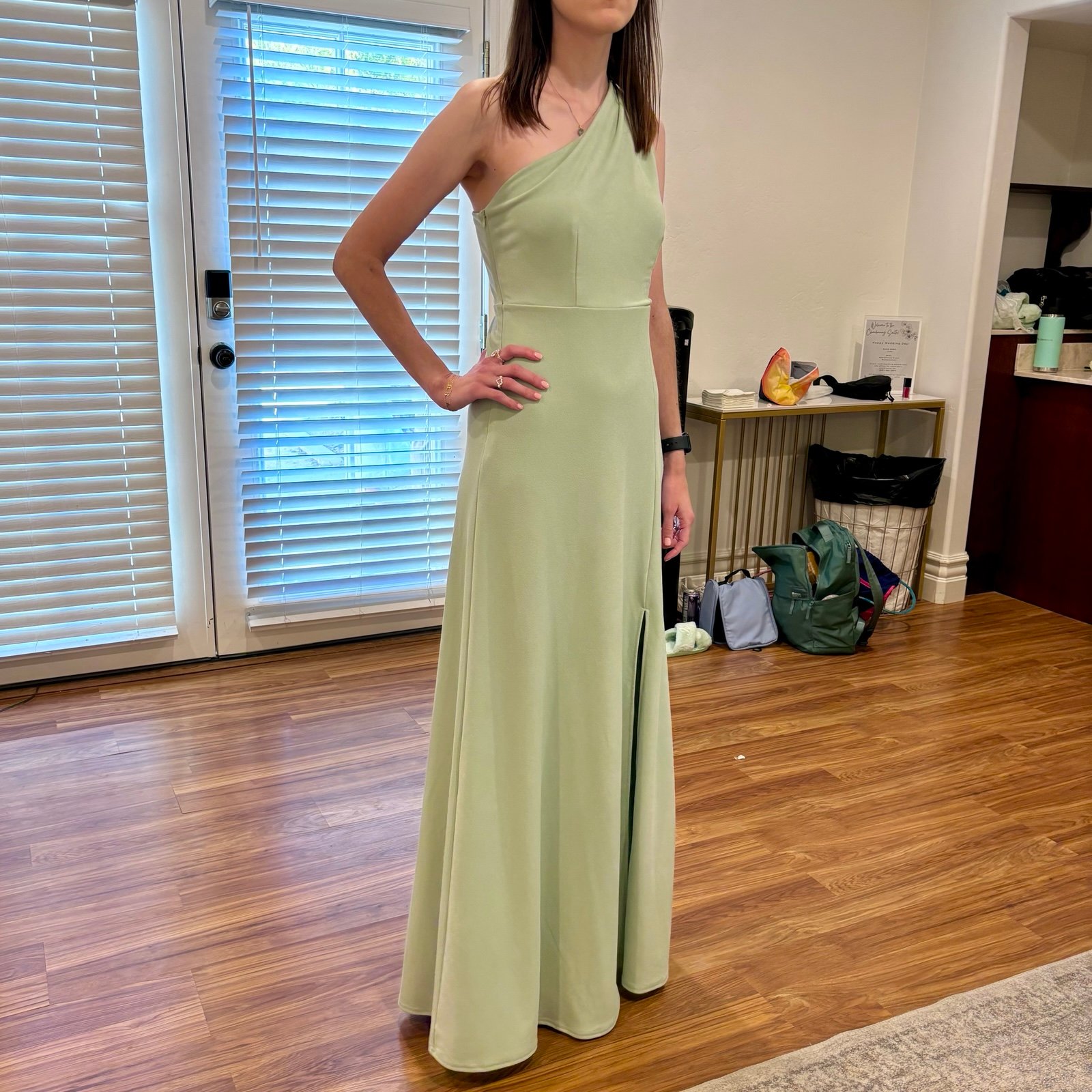 Birdy Grey Kira One Shoulder Crepe Maxi Dress in Sage Green