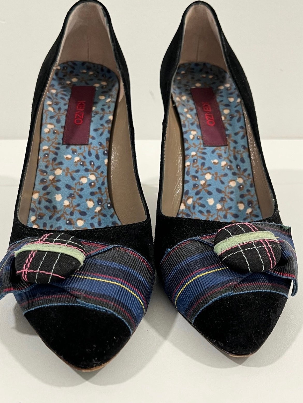Kenzo Black Suede Heels Pumps with plaid bow, size 37