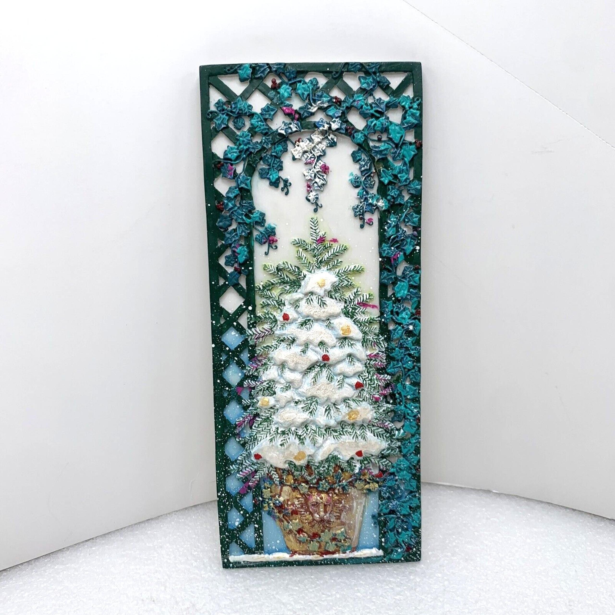 1998 LVC White Christmas Tree 10"x4" Hand-Painted Resin Wall Plaque Garden Decor