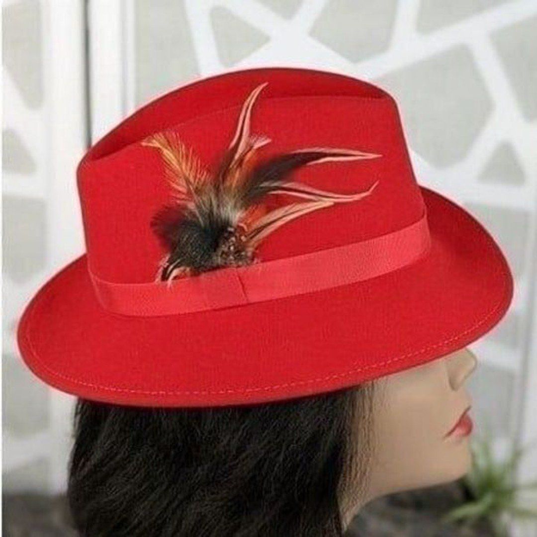 George GEO W Bollman 100% Wool Classic Red Fedora Hat With Feather In Band
