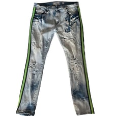 AHP Another Hype Piece Jeans Mens 38x32 Blue Skinny Green Striped Distressed