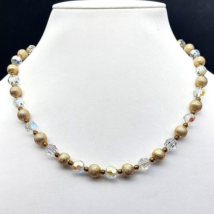 Vintage Gold Tone and Clear Aurora Borealis Crystal Bead Necklace 17