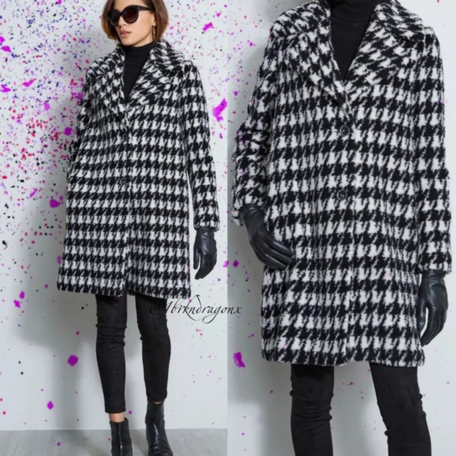 Tahari Brit Houndstooth Faux Fur Coat Sz. L bnib 350 retail!