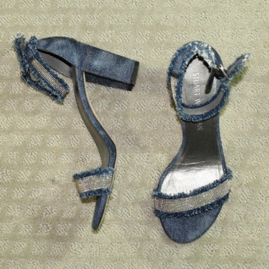 Stuart Weitzman Denim and Bling Fabric Chunky Strappy 3 Heel Women's Size 7.5M
