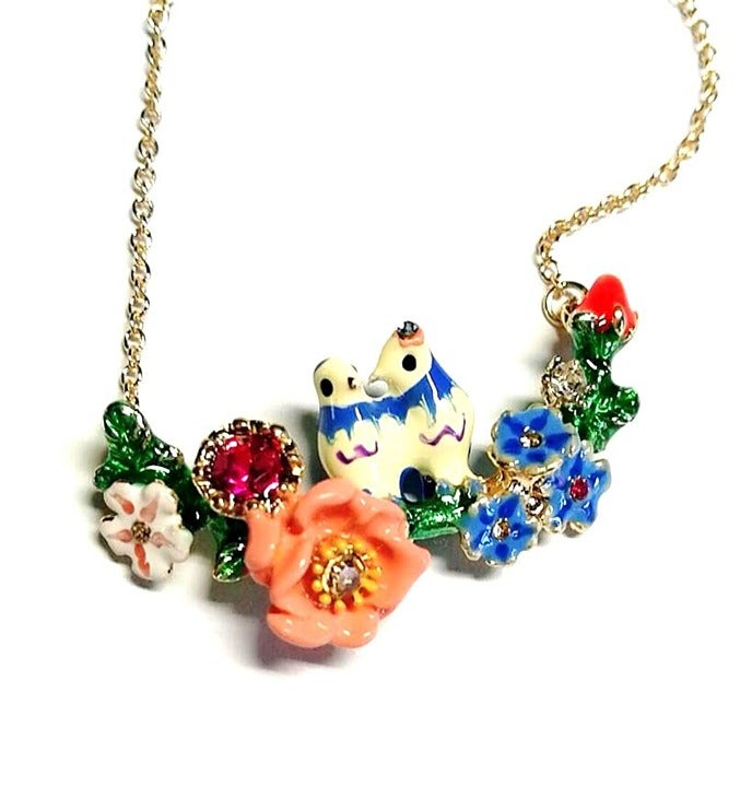 Les Nereides Couple Of Tits On Flower Branch Faceted Glass Necklace