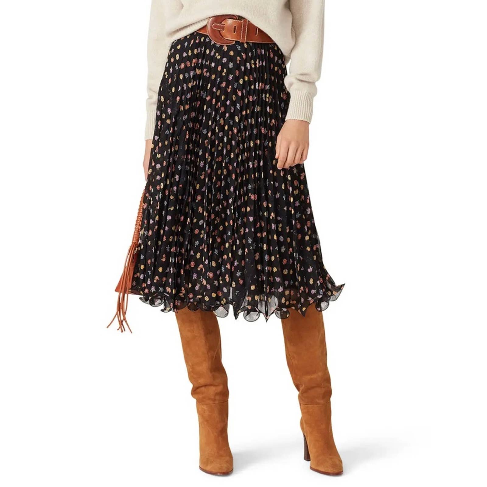 See By Chloe Floral Georgette Black Laced Pleated Midi Skirt US6 IT38
