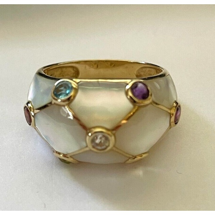 Stunning 14K Gold Ring With Mother Of Pearl & Multicolor Gemstones