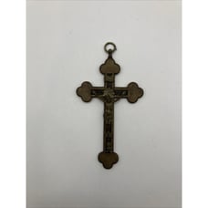 Vintage Antique Brass Crucifix Cross Skull Crossbones Motif Inlay Pendant