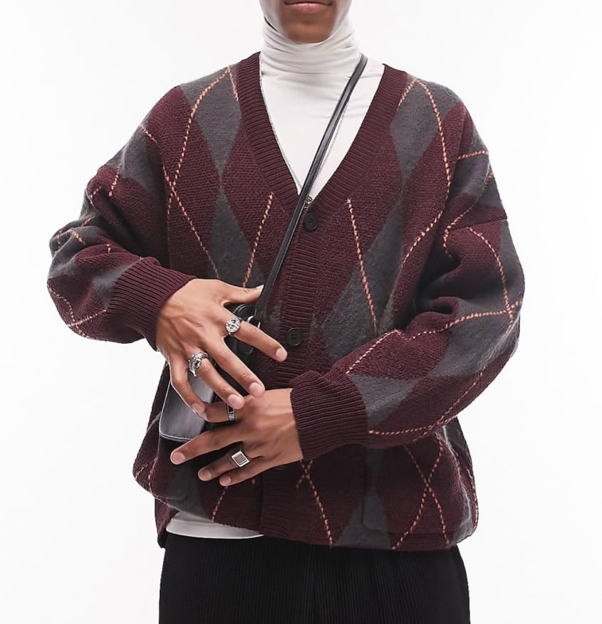 NWT Topman Men’s Large Argyle Plaid Burgandy Cardigan