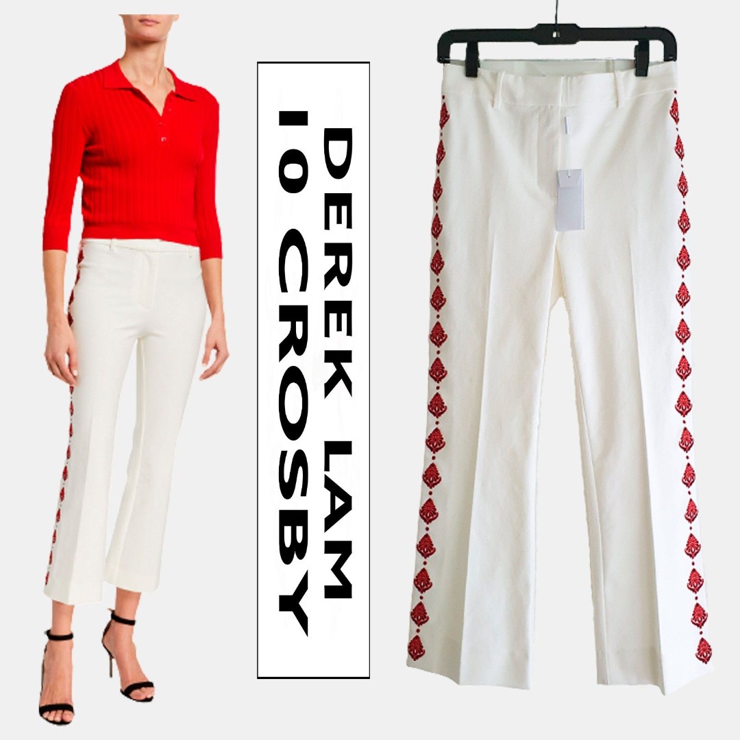 DEREK LAM CROSBY NEW Embroidered Stripe Low Rise Wide Crop Leg Pants 2