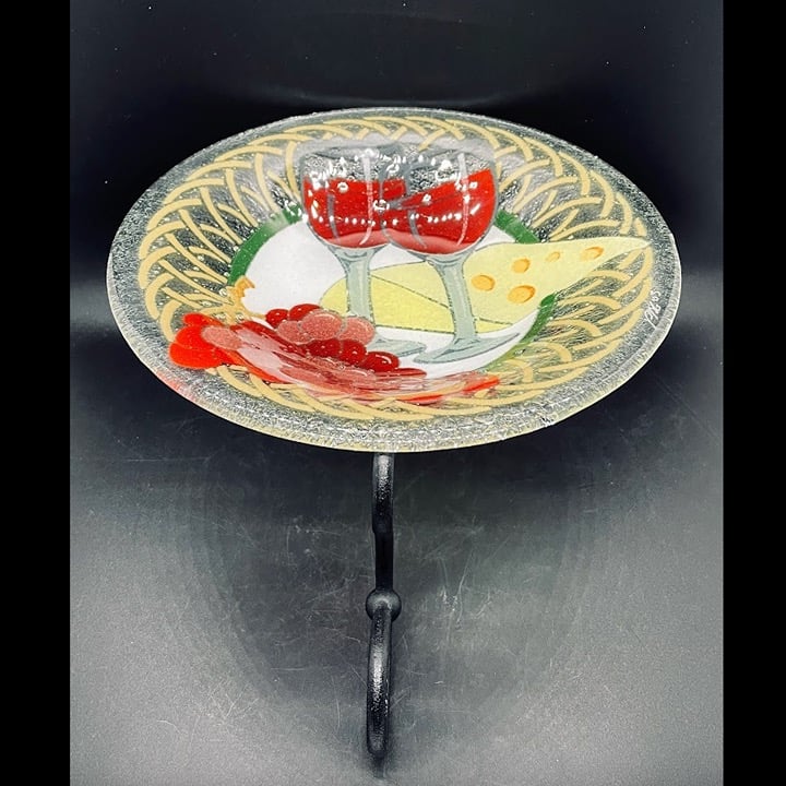 Peggy Karr Fused Glass Grapes Wine Cheese 8.5 Bowl W Metal Serving Stand Holder