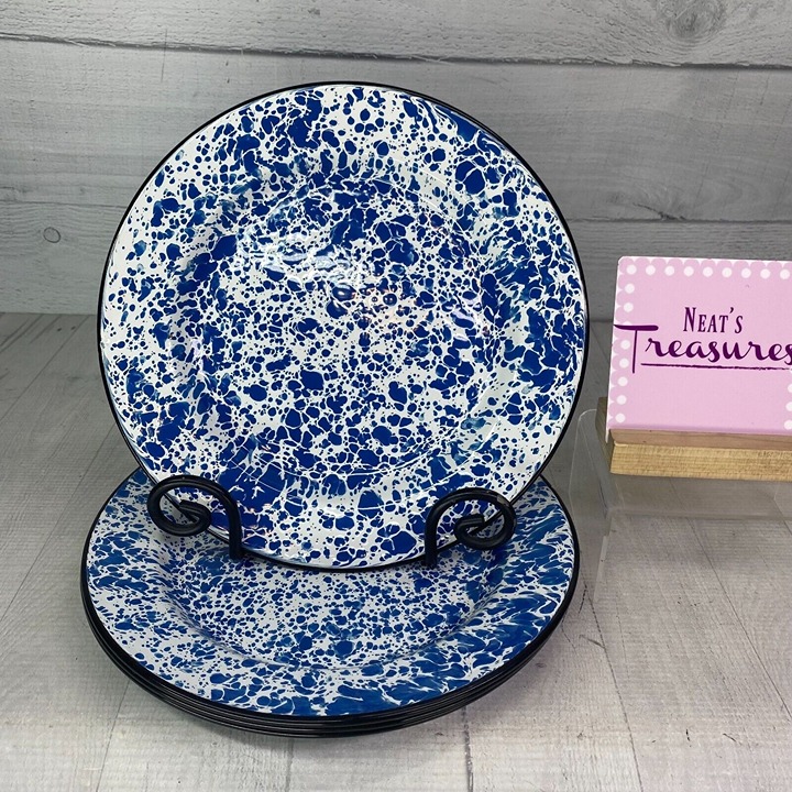 CSG International BLUE SPATTERWARE White Enamelware 10.25 Dinner Plates Set 4