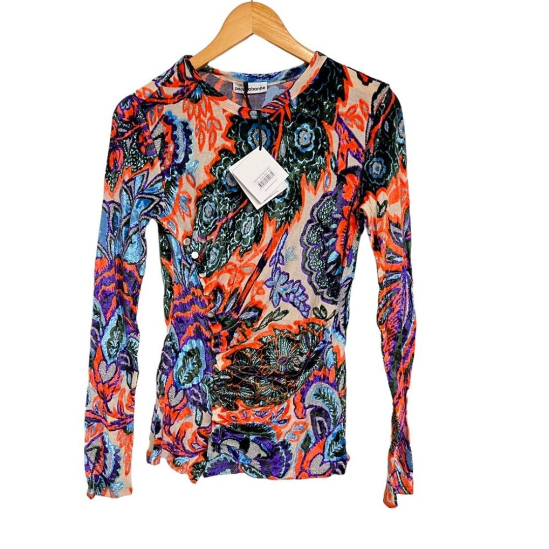 New Paco Rabanne Paisley Jacquard Ruched Jersey Long Sleeve Top