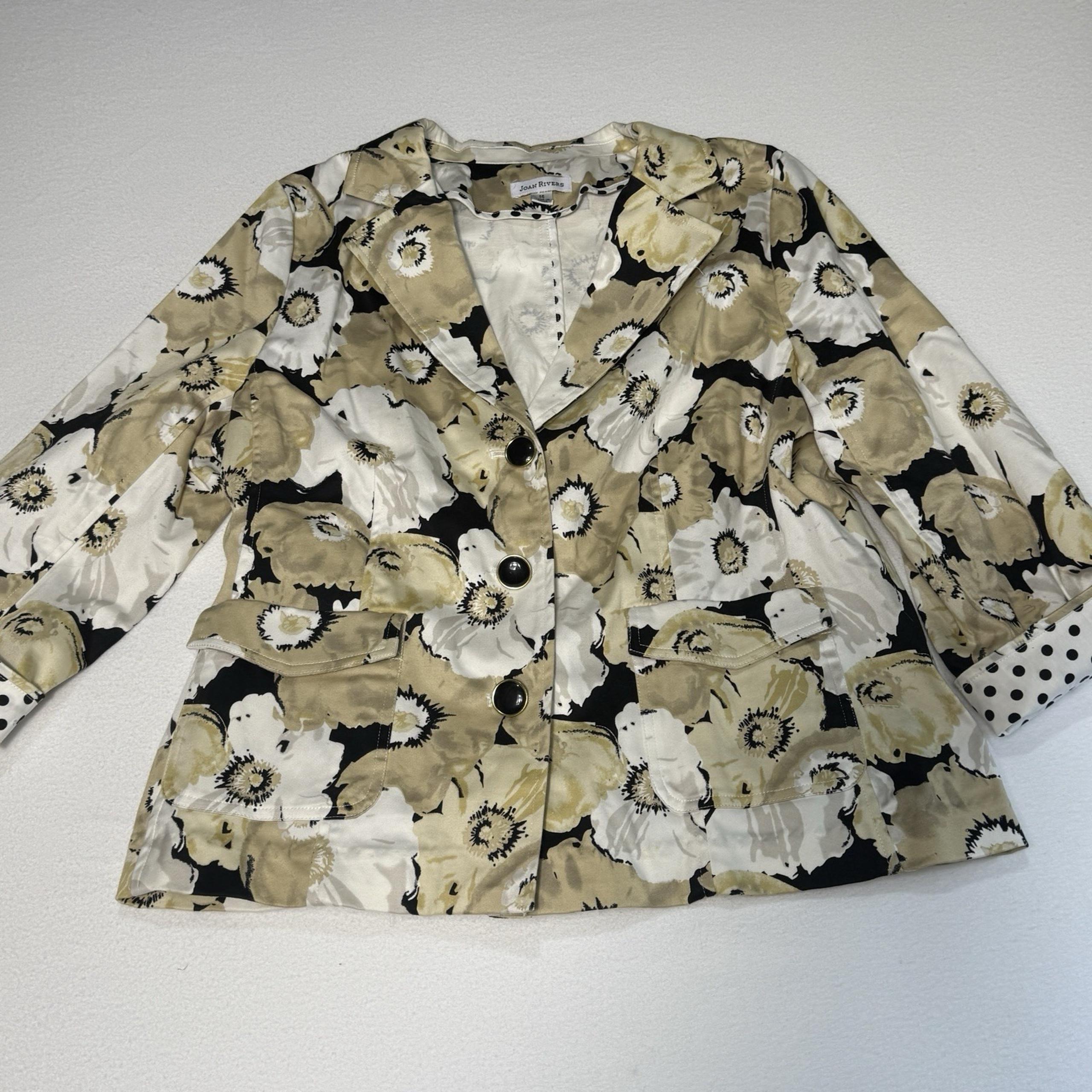 JOAN RIVERS JACKET BLAZER FLORAL FLOWER WHITE TAN SIZE 14  3/4 SLEEVE POCKETS