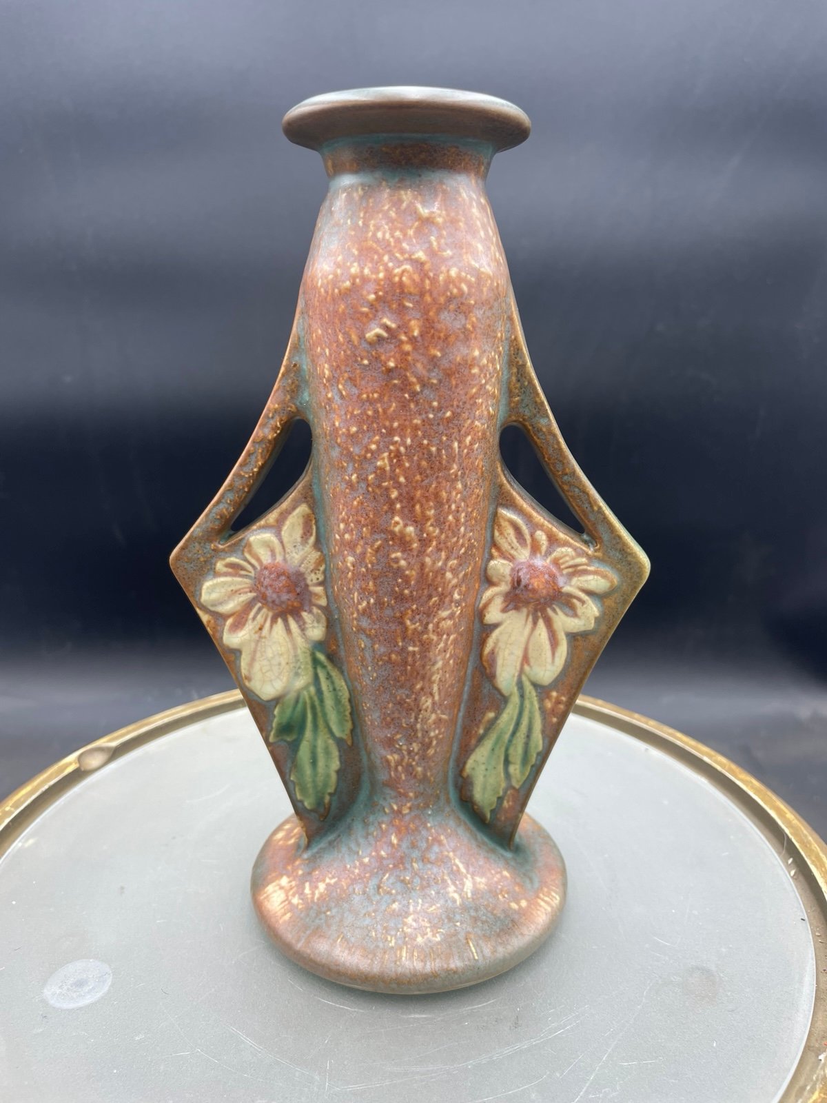 1928 Roseville Pottery Dahlrose Single Brown Wing Handled Bud Vase 8.5” VG