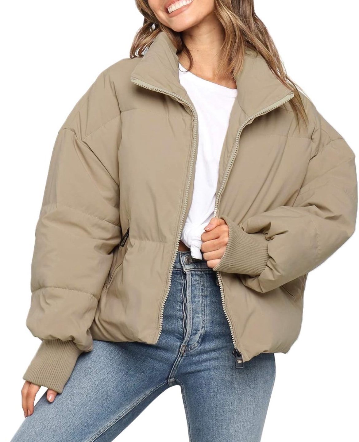 MEROKEETY Women's 2024 Winter Long Sleeve Zip Puffer Jacket Pockets Baggy Short