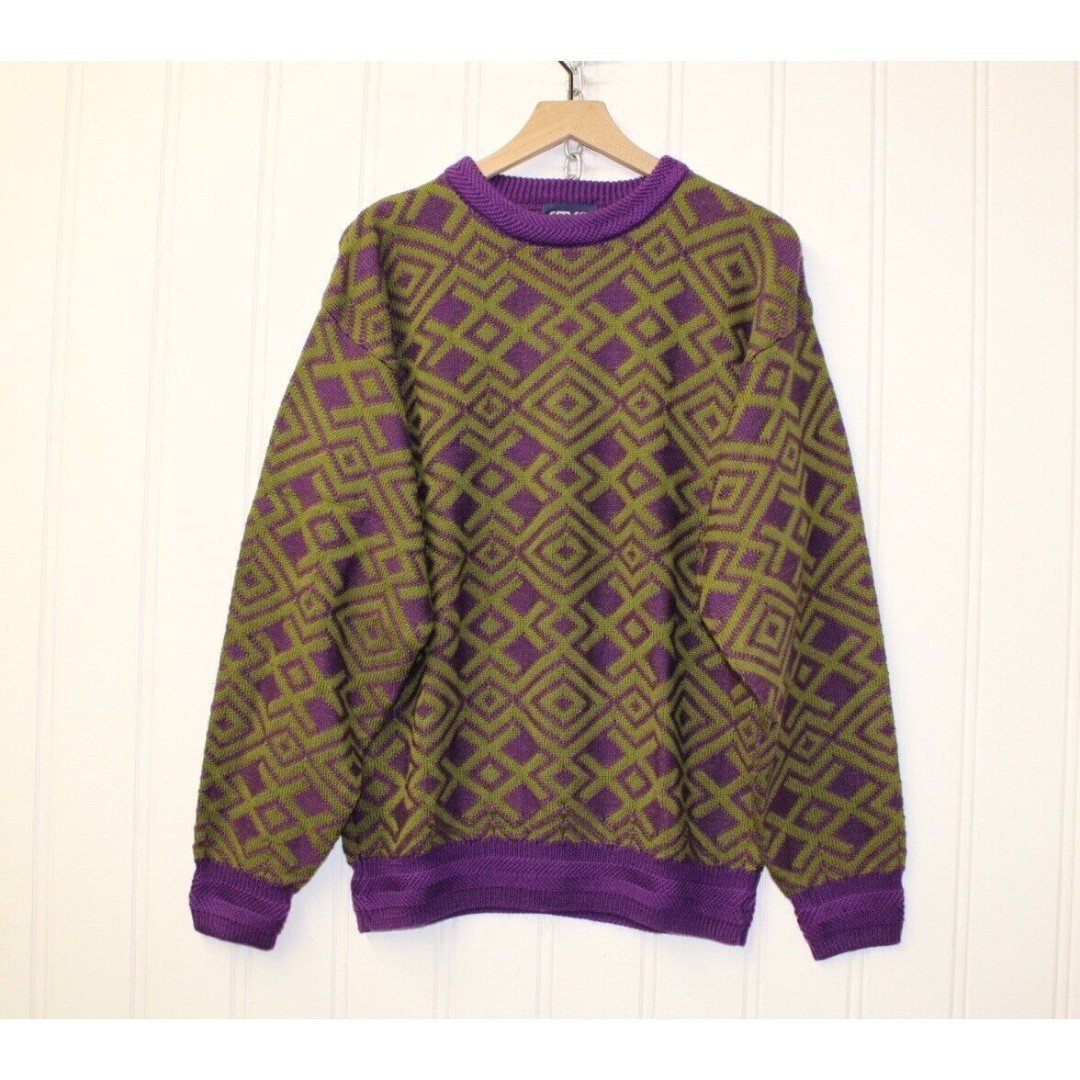 Vtg 1980s SERAC Bold Allover Geometric Pattern Wool Blend Ski Sweater Size M