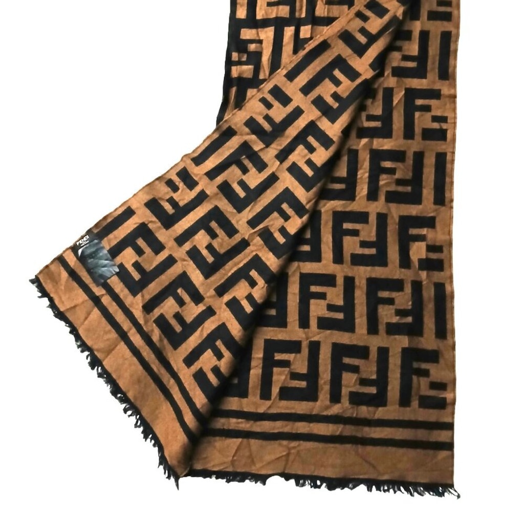Iconic Vintage Fendi Black & Tan Reversible Fringed Scarf F Logo Print Pre-Owned