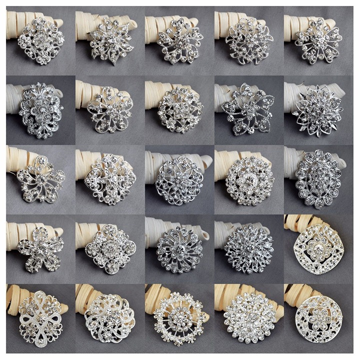 Brooch Lot 50 pcs Silver Rhinestone Crystal Pin Wedding Bouquet DIY Kit