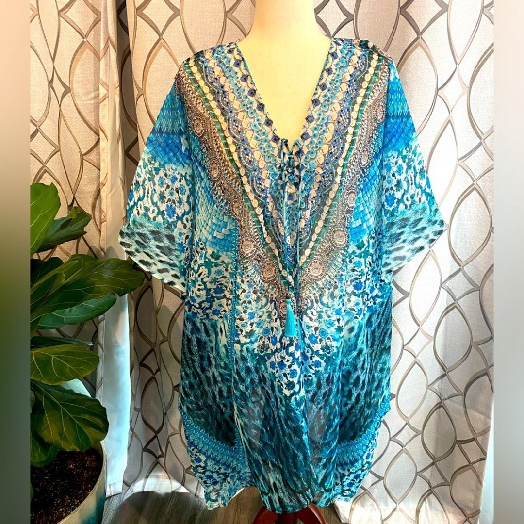 NWT True Colours by La Moda Blue Watercolor Swim Cover Up Caftan One Size