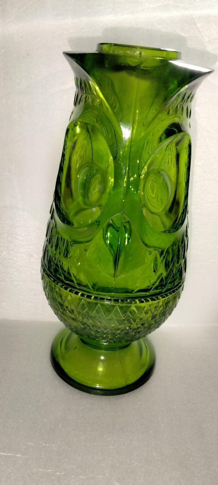Vintage MCM Avocado Viking Owl Glimmer Green Art Glass Fairy Lamp Candle Holder
